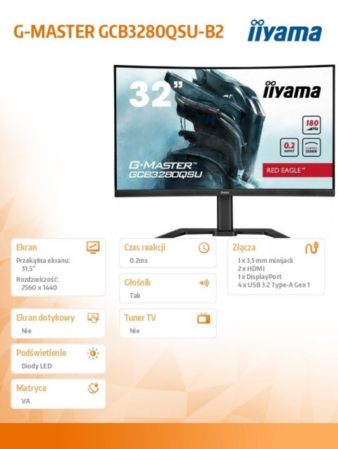 Monitor 32 cale GCB3280QSU-B2,VA,QHD,180Hz,1500R,0.2ms,4xUSB,350cd Monitor 32 cale GCB3280QSU-B2,VA,QHD,180Hz,1500R,0.2ms,4xUSB,350cd