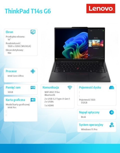 Ultrabook ThinkPad T14s G6 21QX00H5PB W11Pro Ultra 5 228V/32GB/512GB/INT/14.0 WUXGA/Black/3YRS Premier Support + CO2 Offset Ultrabook ThinkPad T14s G6 21QX00H5PB W11Pro Ultra 5 228V/32GB/512GB/INT/14.0 WUXGA/Black/3YRS Premier Support + CO2 Offset