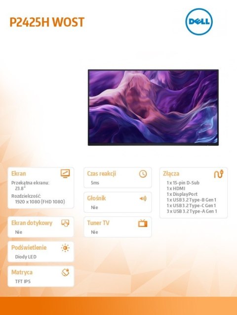 Monitor 23.8 cala P2425H WOST IPS 1920x1080/16:9/DP/HDMI/USBC/VGA/USB/No stand/3Y Monitor 23.8 cala P2425H WOST IPS 1920x1080/16:9/DP/HDMI/USBC/VGA/USB/No stand/3Y