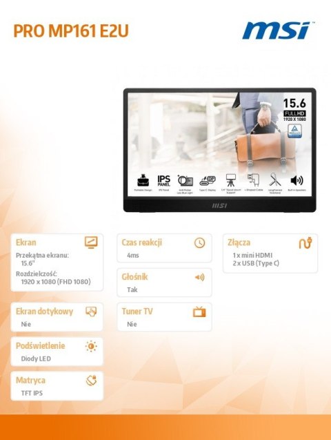Monitor 15.6 cala PRO MP161 E2U LED/FHD/Flat/60Hz/szary Monitor 15.6 cala PRO MP161 E2U LED/FHD/Flat/60Hz/szary