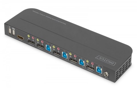 Przełącznik KVM, 4 portowy, 4K 60Hz, 4x DP IN, 1x DP OUT, 1x HDMI OUT, 2x USB A, 1x Audio IN&OUT Przełącznik KVM, 4 portowy, 4K 60Hz, 4x DP IN, 1x DP OUT, 1x HDMI OUT, 2x USB A, 1x Audio IN&OUT