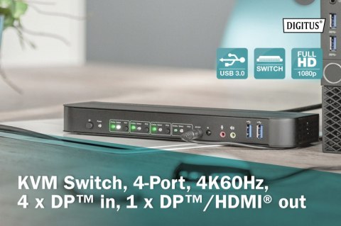 Przełącznik KVM, 4 portowy, 4K 60Hz, 4x DP IN, 1x DP OUT, 1x HDMI OUT, 2x USB A, 1x Audio IN&OUT Przełącznik KVM, 4 portowy, 4K 60Hz, 4x DP IN, 1x DP OUT, 1x HDMI OUT, 2x USB A, 1x Audio IN&OUT
