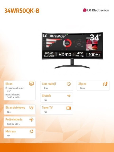 Monitor LG 34WR50QK-B 34 cale IPS Monitor LG 34WR50QK-B 34 cale IPS