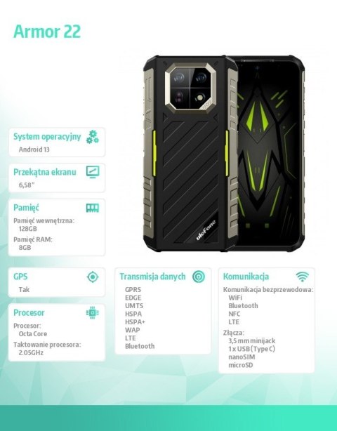 Smartfon Armor 22 4G 8/128GB IP69K Zielony Smartfon Armor 22 4G 8/128GB IP69K Zielony