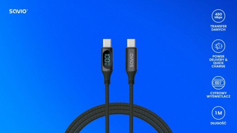Kabel USB - USB C z wyświetlaczem, 100W, CL-174 Kabel USB - USB C z wyświetlaczem, 100W, CL-174