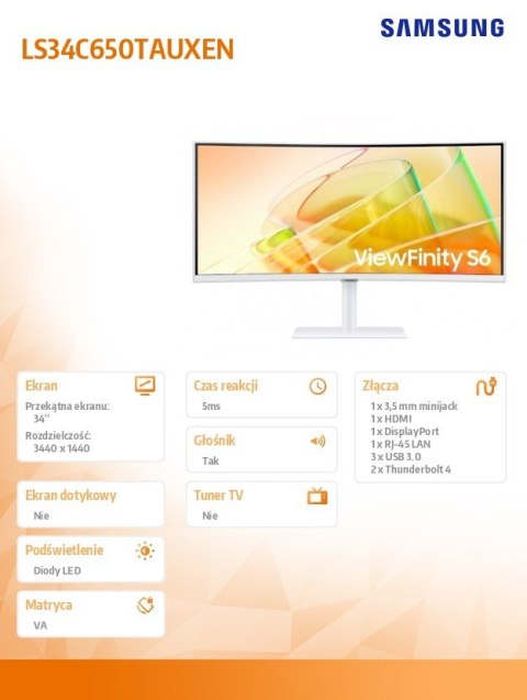 Monitor 34 cale ViewFinity S65CT VA 3440x1440 UWQHD 21:9 1xHDMI 1xDP 2xTB 4.0(90W/15W) 3xUSB 3.0 LAN 5ms 100Hz HAS gł. zakrzyw. Monitor 34 cale ViewFinity S65CT VA 3440x1440 UWQHD 21:9 1xHDMI 1xDP 2xTB 4.0(90W/15W) 3xUSB 3.0 LAN 5ms 100Hz HAS gł. zakrzyw.