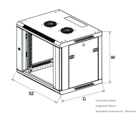 Szafka wisząca rack 9U 600x450 czarna szklane drzwi Szafka wisząca rack 9U 600x450 czarna szklane drzwi