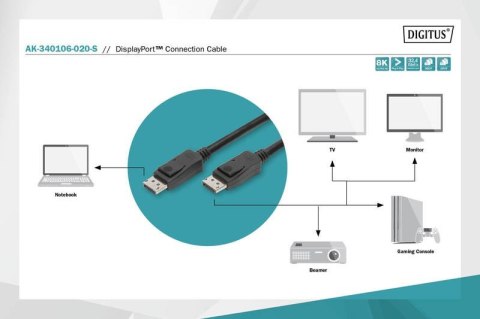 Kabel połączeniowy DisplayPort z zatrzaskami 8K 30Hz UHD Typ DP/DP M/M czarny 2m Kabel połączeniowy DisplayPort z zatrzaskami 8K 30Hz UHD Typ DP/DP M/M czarny 2m