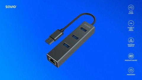 Hub AK-58 3-portowy USB-A 3.1 Gen 1 z adapterem RJ-45 Gigabit Ethernet Hub AK-58 3-portowy USB-A 3.1 Gen 1 z adapterem RJ-45 Gigabit Ethernet