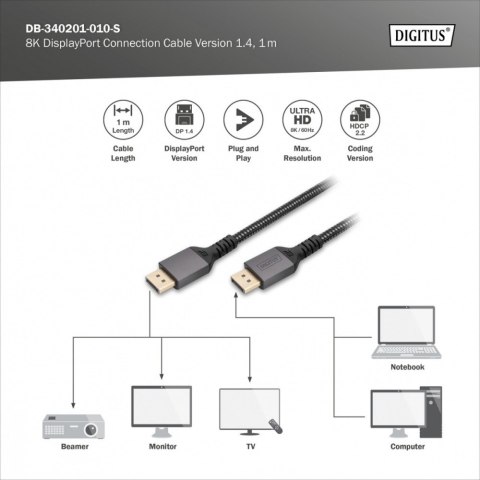 Kabel połączeniowy PREMIUM DisplayPort 8K60Hz UHD DP/DP M/M 1m Czarny Kabel połączeniowy PREMIUM DisplayPort 8K60Hz UHD DP/DP M/M 1m Czarny