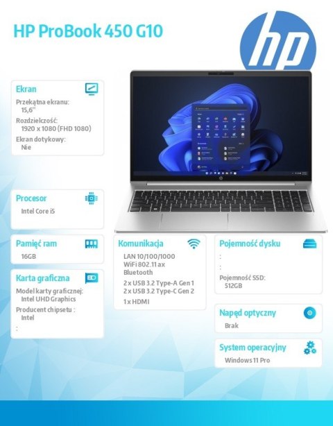 Notebook ProBook 450 G10 i5-1335U 512GB/16GB/W11P/15.6 85C57EA Notebook ProBook 450 G10 i5-1335U 512GB/16GB/W11P/15.6 85C57EA