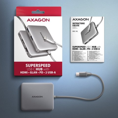 HMC-5HL Wieloportowy hub USB 5in1, 5Gbps, 2x USB-A, HDMI 4K/60Hz, GLAN, PD 100W, 15cm USB-C kabel HMC-5HL Wieloportowy hub USB 5in1, 5Gbps, 2x USB-A, HDMI 4K/60Hz, GLAN, PD 100W, 15cm USB-C kabel