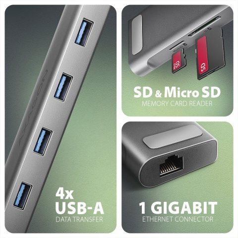 HMC-10HLS Wieloportowy hub USB 9in1, 5Gbps, 4x USB-A, HDMI 4K/60Hz, GLAN, SD/microSD, PD 100W, 25cm USB-C kabel HMC-10HLS Wieloportowy hub USB 9in1, 5Gbps, 4x USB-A, HDMI 4K/60Hz, GLAN, SD/microSD, PD 100W, 25cm USB-C kabel