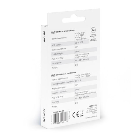 Adapter USB-A 3.1 Gen 1 (M) - SATA (F) do dysków SATA 2.5 cala , AK-68 Adapter USB-A 3.1 Gen 1 (M) - SATA (F) do dysków SATA 2.5 cala , AK-68