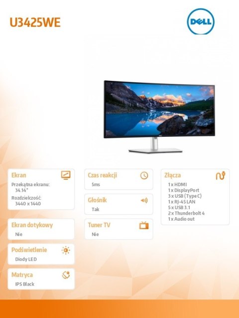 Monitor U3425WE 34.14 cala IPS Black/Curved/120Hz/WQHD/3440x1440/21:9/HDMI/DP/Thunderbolt/USB-C/USB/RJ-45/Speakers/3Y AES&PPG Monitor U3425WE 34.14 cala IPS Black/Curved/120Hz/WQHD/3440x1440/21:9/HDMI/DP/Thunderbolt/USB-C/USB/RJ-45/Speakers/3Y AES&PPG