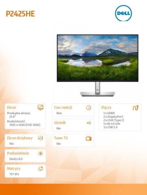 Monitor 24 cale P2425HE LED IPS 1920x1080/16:9/USBC/RJ45/HDMI/DP/USB/3Y Monitor 24 cale P2425HE LED IPS 1920x1080/16:9/USBC/RJ45/HDMI/DP/USB/3Y