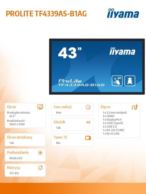 Monitor 43 cale TF4339AS-B1AG,IPS,4K,HDMIx2,DP,RJ45,3xUSB,40pkt, ANDROID,24/7 Monitor 43 cale TF4339AS-B1AG,IPS,4K,HDMIx2,DP,RJ45,3xUSB,40pkt, ANDROID,24/7