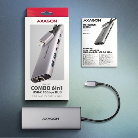 HMC-6G2L Wieloportovy hub USB 6in1, 10Gbps, 2xUSB-A, 1xUSB-C, HDMI 4K/60Hz, PD 100W, GLAN, 15cm USB-C kabel HMC-6G2L Wieloportovy hub USB 6in1, 10Gbps, 2xUSB-A, 1xUSB-C, HDMI 4K/60Hz, PD 100W, GLAN, 15cm USB-C kabel