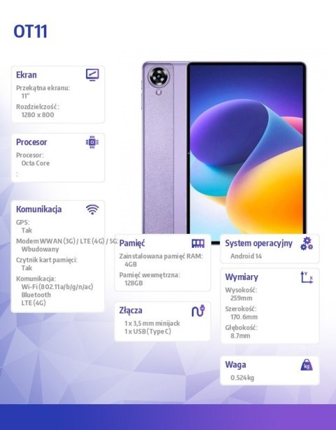 Tablet OT11 11 cali 4/128GB 8000 mAh 2K fioletowy Tablet OT11 11 cali 4/128GB 8000 mAh 2K fioletowy