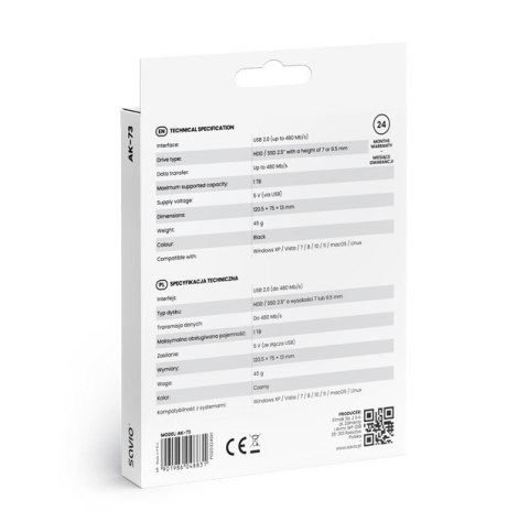 Obudowa na dysk zewnętrzny HDD / SSD 2.5" USB 2.0 AK-73 Obudowa na dysk zewnętrzny HDD / SSD 2.5" USB 2.0 AK-73