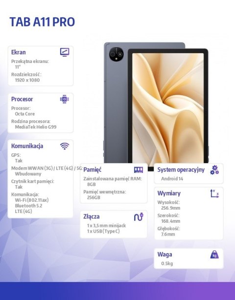 Tablet A11 Pro 4G 11" 8/256GB szary z ładowarką Tablet A11 Pro 4G 11" 8/256GB szary z ładowarką