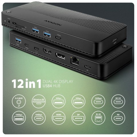 HMC-U4 Wieloportowy hub USB 12in1, USB 4.0 40Gbps, 3x USB-A, 2x USB-C, GLAN, HDMI 8K, DP 8K, PD 100W, HQ audio 24bit, UHS II SD/ HMC-U4 Wieloportowy hub USB 12in1, USB 4.0 40Gbps, 3x USB-A, 2x USB-C, GLAN, HDMI 8K, DP 8K, PD 100W, HQ audio 24bit, UHS II SD/