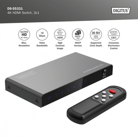 Przełącznik/Switch 4K HDMI 3x1, 60Hz HDCP 2.3, pilot, Czarny Przełącznik/Switch 4K HDMI 3x1, 60Hz HDCP 2.3, pilot, Czarny