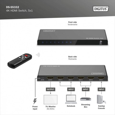 Przełącznik/Switch 4K HDMI 5x1, 60Hz HDCP 2.3, pilot, Czarny Przełącznik/Switch 4K HDMI 5x1, 60Hz HDCP 2.3, pilot, Czarny