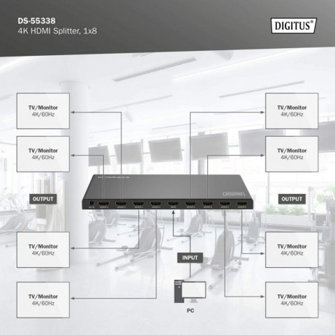Rozdzielacz/Splitter HDMI 1x8, 4K/60Hz UHD z HDR, 18 Gbps, HDCP 2.2, EDID Rozdzielacz/Splitter HDMI 1x8, 4K/60Hz UHD z HDR, 18 Gbps, HDCP 2.2, EDID