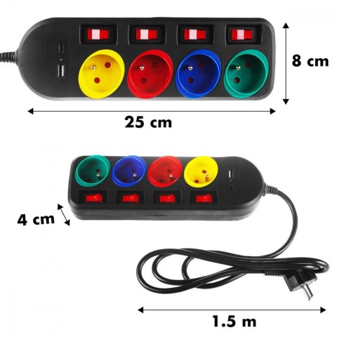 Przedłużacz 1,5m 250VAC 10A 4 gniazda MCE508 B Port USB-C Quick charge 2.0 IP20 Przedłużacz 1,5m 250VAC 10A 4 gniazda MCE508 B Port USB-C Quick charge 2.0 IP20