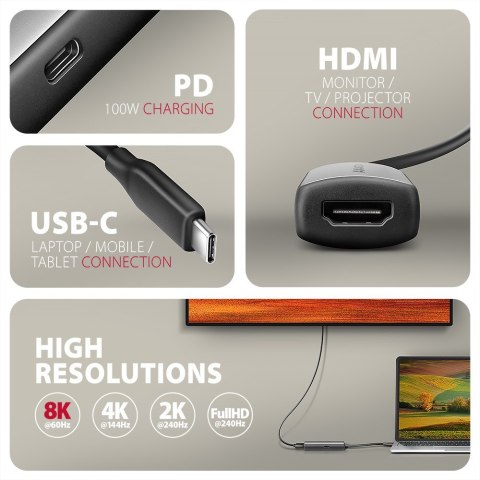 RVC-HI8KPD Adapter aktywny USB-C -> HDMI 8K/60Hz, Aluminum, PD100W, 16cm kabel RVC-HI8KPD Adapter aktywny USB-C -> HDMI 8K/60Hz, Aluminum, PD100W, 16cm kabel