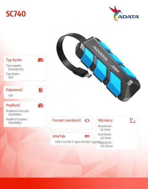 Dysk zewnętrzny SSD SC740 1TB U3.2C 1050/1000 MB/s niebieski Dysk zewnętrzny SSD SC740 1TB U3.2C 1050/1000 MB/s niebieski