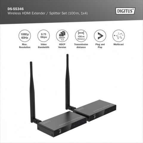 Przedłużacz/Extender splitter HDMI bezprzewodowy 100m 1080p 60Hz FHD 5GHz HDCP 1.3 (zestaw) Przedłużacz/Extender splitter HDMI bezprzewodowy 100m 1080p 60Hz FHD 5GHz HDCP 1.3 (zestaw)
