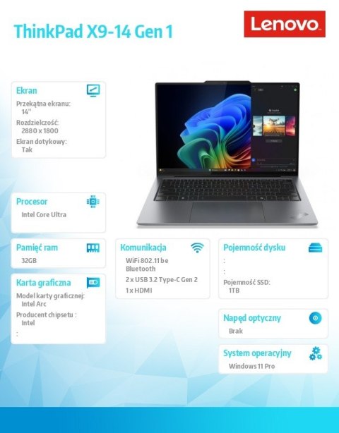Ultrabook ThinkPad X9-14 G1 21QA0025PB W11Pro Ultra 7 258V/32GB/1TB/INT/14.0 2.8K OLED/Grey/3YRS Premier Support Plus + CO2 Offs Ultrabook ThinkPad X9-14 G1 21QA0025PB W11Pro Ultra 7 258V/32GB/1TB/INT/14.0 2.8K OLED/Grey/3YRS Premier Support Plus + CO2 Offs