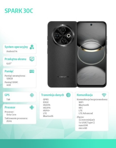 Smartfon SPARK 30C 4/128GB ORBIT BLACK w/o charger Smartfon SPARK 30C 4/128GB ORBIT BLACK w/o charger