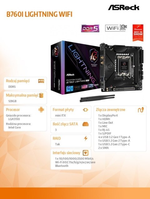 Płyta główna B760I LIGHTNING WIFI s1700 2DDR5 mITX DP/HDMI Płyta główna B760I LIGHTNING WIFI s1700 2DDR5 mITX DP/HDMI