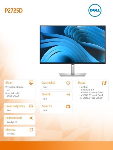 Monitor 27 cali P2725D IPS QHD LED/16:9/HDMI/DP/USBC/3Y Monitor 27 cali P2725D IPS QHD LED/16:9/HDMI/DP/USBC/3Y
