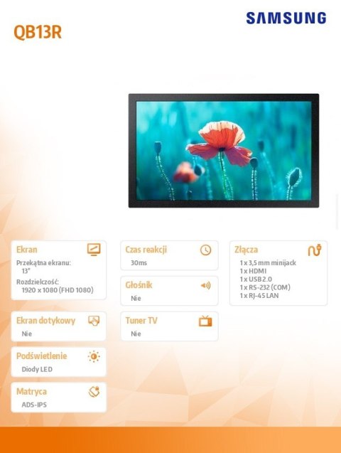 Monitor profesjonalny QB13R 13 cali Matowy 16h/7 300(cd/m2) 1920x1080 (FHD) S6 Player Wi-Fi 3 lata d2d (LH13QBRMBGCXEN) Monitor profesjonalny QB13R 13 cali Matowy 16h/7 300(cd/m2) 1920x1080 (FHD) S6 Player Wi-Fi 3 lata d2d (LH13QBRMBGCXEN)