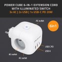 Kostka zasilająca przedłużacz 6w1 z podświetlanym włącznikiem | 3x AC | 2x USB | 1x USB-C PD 20W | biała Kostka zasilająca przedłużacz 6w1 z podświetlanym włącznikiem | 3x AC | 2x USB | 1x USB-C PD 20W | biała