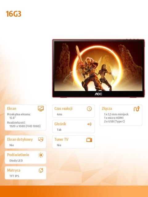 Monitor 16G3 15.6 cala IPS 144 Hz MicroHDMI USB-C Monitor 16G3 15.6 cala IPS 144 Hz MicroHDMI USB-C
