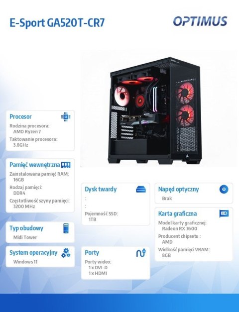 Komputer E-Sport GB550T-CR5 Ryzen 7 5800X/16GB/1TB/RX 7600 GAMING OC 8G/W Komputer E-Sport GB550T-CR5 Ryzen 7 5800X/16GB/1TB/RX 7600 GAMING OC 8G/W