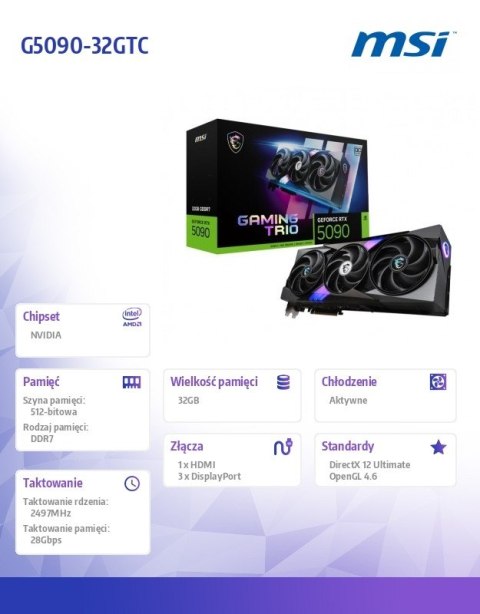 Karta graficzna GeForce RTX 5090 GAMING TRIO OC 32G GDDR7 512bit 3DP/HDMI Karta graficzna GeForce RTX 5090 GAMING TRIO OC 32G GDDR7 512bit 3DP/HDMI