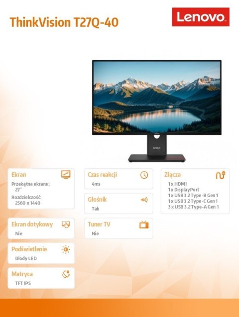 Monitor ThinkVision T27Q-40 WLED LCD 64A6GAT6EU Monitor ThinkVision T27Q-40 WLED LCD 64A6GAT6EU