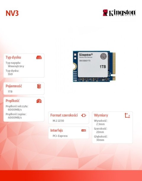 Dysk SSD NV3 1TB M.2 2230 PCI-e 4.0 NVMe 6000/4000 Dysk SSD NV3 1TB M.2 2230 PCI-e 4.0 NVMe 6000/4000