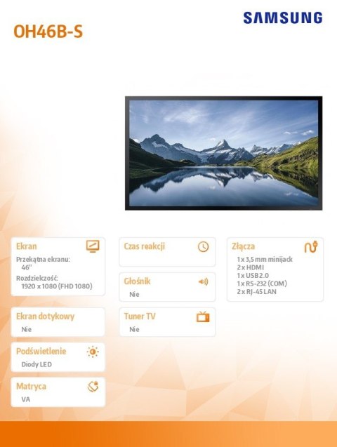 Monitor profesjonalny OH46B-S 46 cali Błyszczący 24h/7 3500(cd/m2) 3840x2160 (UHD) S7 Player (Tizen 6.5) 3 lata On-Site (LH46OHB Monitor profesjonalny OH46B-S 46 cali Błyszczący 24h/7 3500(cd/m2) 3840x2160 (UHD) S7 Player (Tizen 6.5) 3 lata On-Site (LH46OHB