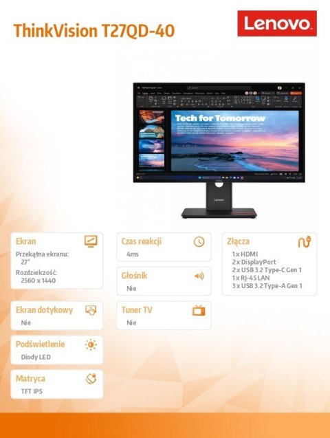 Monitor 27 cali ThinkVision T27QD-40 WLED LCD 64AAZAT2EU Monitor 27 cali ThinkVision T27QD-40 WLED LCD 64AAZAT2EU