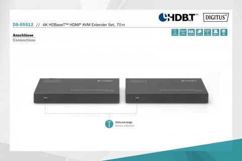 Przedłużacz/Extender KVM HDMI+USB HDBaseT 70m 4K30Hz HDCP 2.2 PoC (Power over Cable) audio IR zestaw Przedłużacz/Extender KVM HDMI+USB HDBaseT 70m 4K30Hz HDCP 2.2 PoC (Power over Cable) audio IR zestaw