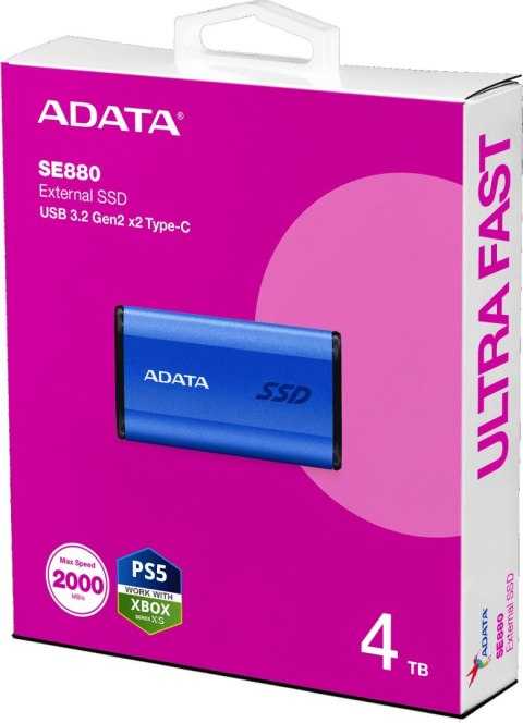 Adata Dysk zewnętrzny SSD SE880 4TB USB3.2A/C Gen2x2 Niebieski Adata Dysk zewnętrzny SSD SE880 4TB USB3.2A/C Gen2x2 Niebieski