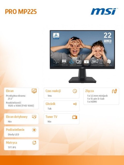 Monitor PRO MP225 21.5 cala/LED/FHD/Flat/100Hz/Czarny Monitor PRO MP225 21.5 cala/LED/FHD/Flat/100Hz/Czarny
