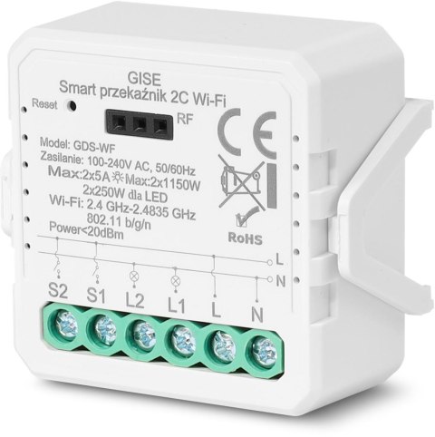 GISE Smart Podwójny moduł przekaźnikowy WiFi | Tuya | GDS-WF GISE Smart Podwójny moduł przekaźnikowy WiFi | Tuya | GDS-WF